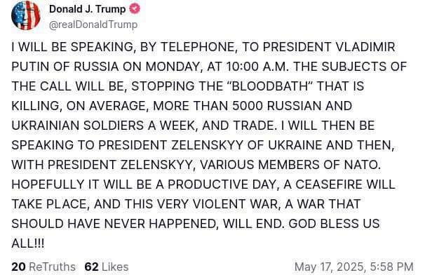 Трамп анонсував розмови з Путіним і Зеленським у понеділок